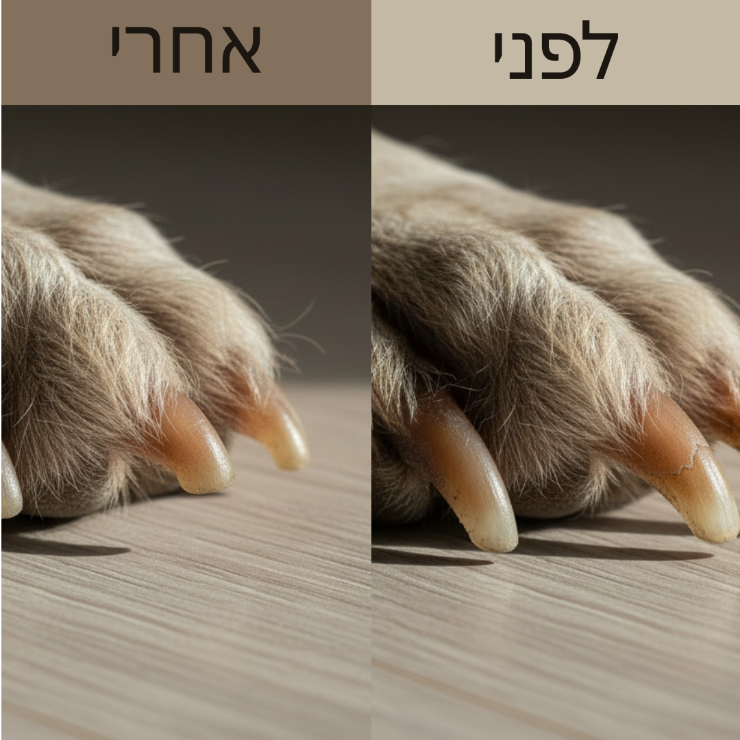 שתי תמונות של לפני ואחרי של ציפורני כלב עם טקסט מעל על משטח עץ.